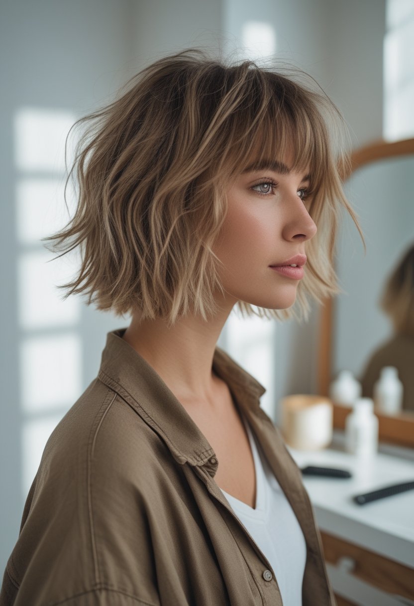 A woman with a choppy shaggy bob and long center-parted curtain bangs standing in a softly lit home setting.