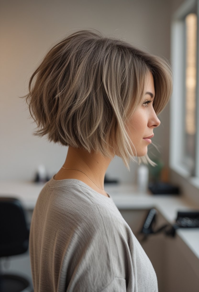 A person with a textured, layered shaggy bob hairstyle sits in a softly lit salon setting.