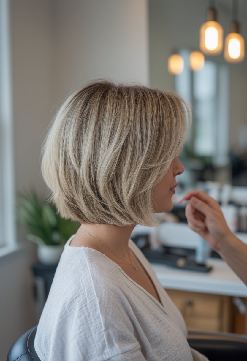 A woman with an inverted layered bob haircut sits in a softly lit styling space while a hand adjusts her hair.