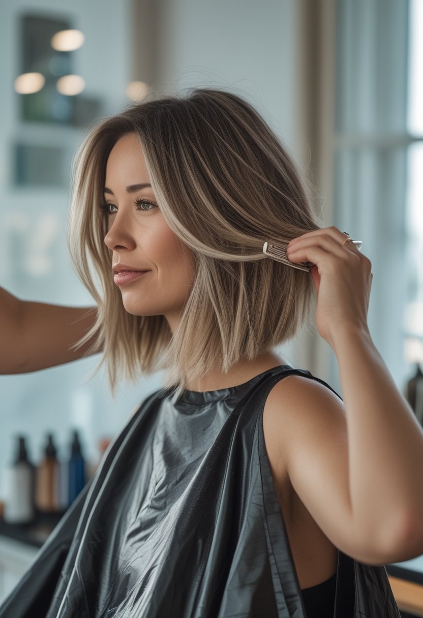 A woman with a long layered bob haircut adjusts the ends of her hair in a softly lit room.