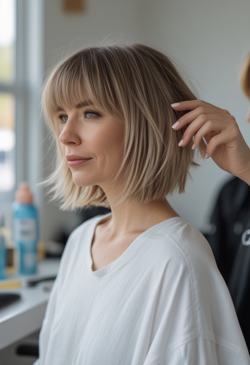 A woman with a layered bob haircut and curtain bangs sits in a bright hairstyling space.