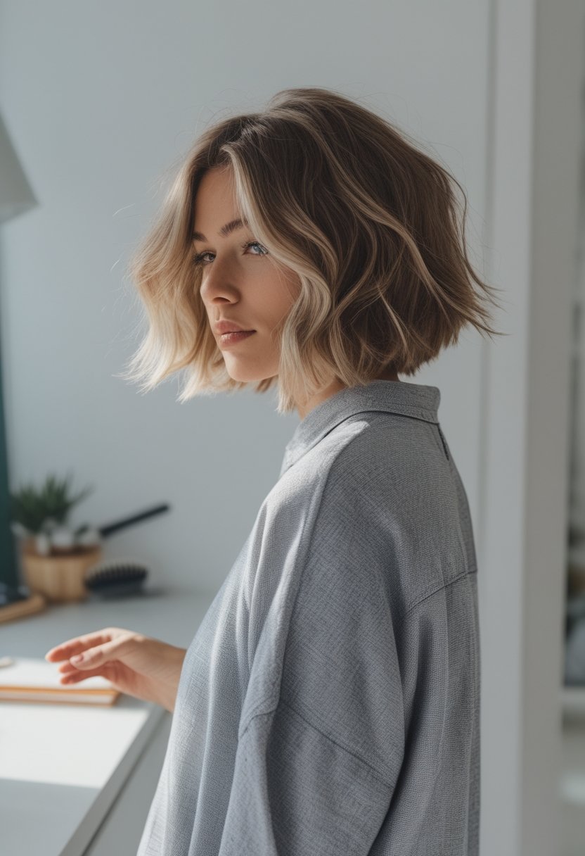 Person with a chin-length wavy layered bob hairstyle standing indoors near a window.