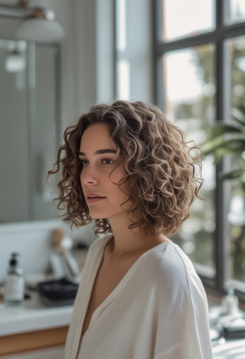 A woman with a chin-length curly layered bob stands in a softly lit room beside simple hair-styling tools.
