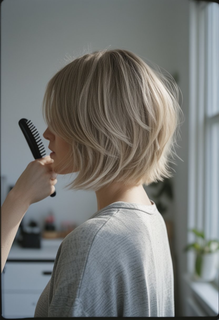 A person with a layered feathered bob haircut sits in a bright room beside everyday hair-styling tools.