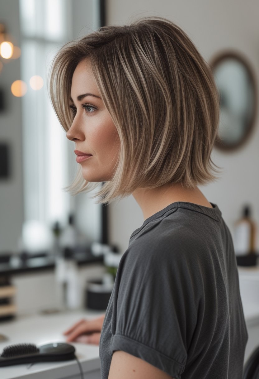 A woman with a chin-length feathered bob haircut stands near a bright window in a casual salon setting.