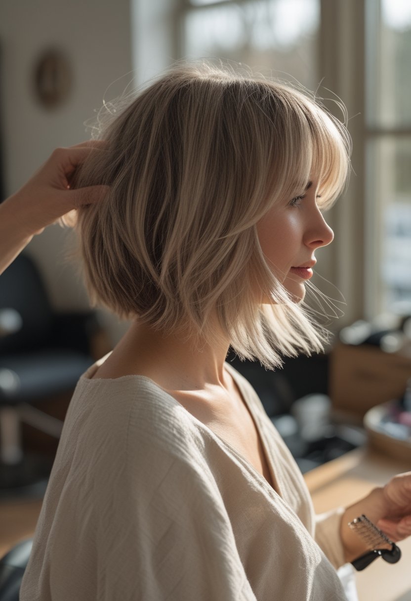 A woman with a shoulder-length feathered bob haircut sits in a casual indoor setting.