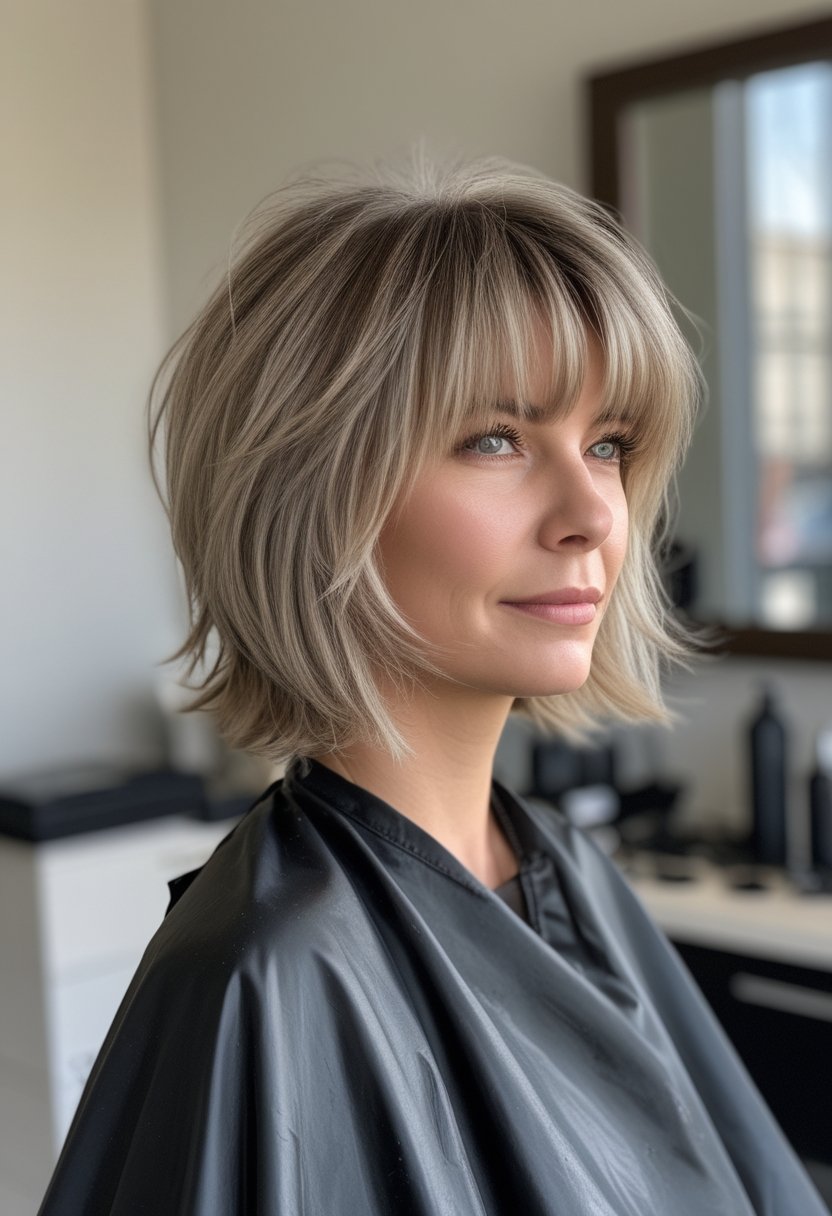 Woman wearing a layered bob haircut with side-swept bangs in a salon setting.