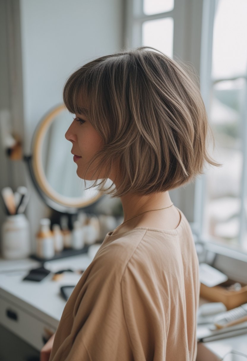 A woman with a chin-length feathered bob and curtain bangs stands in a softly lit room.