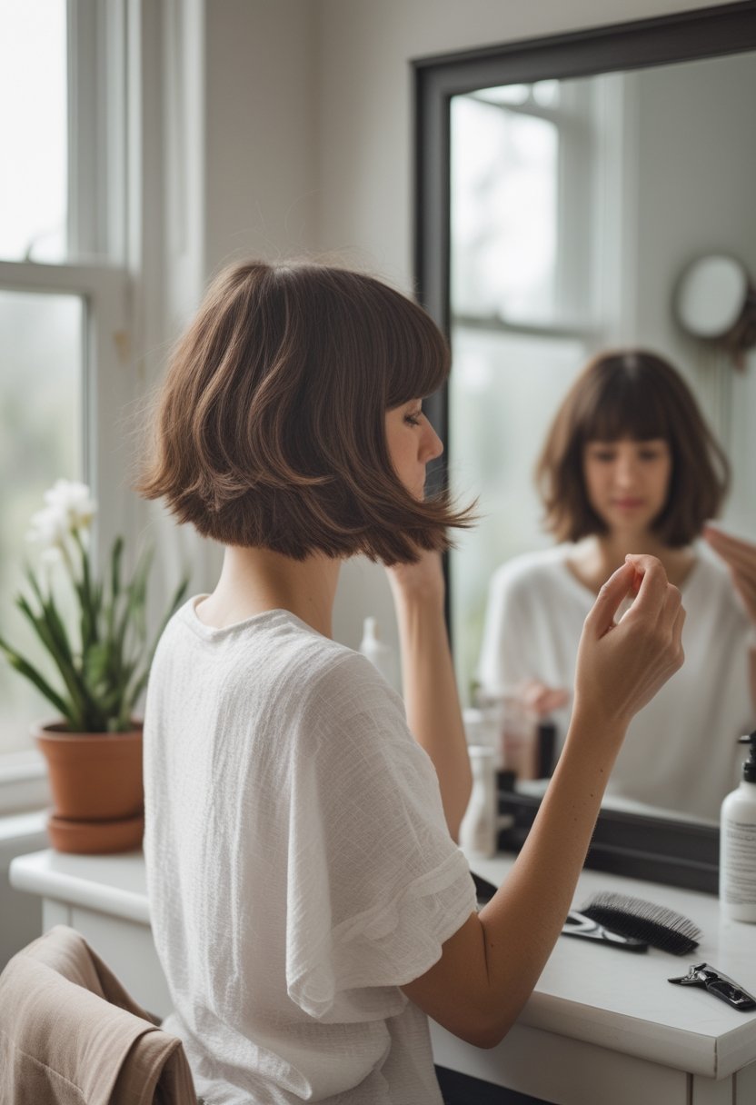 A woman with a short feathered bob hairstyle stands near a bright window in a home setting.
