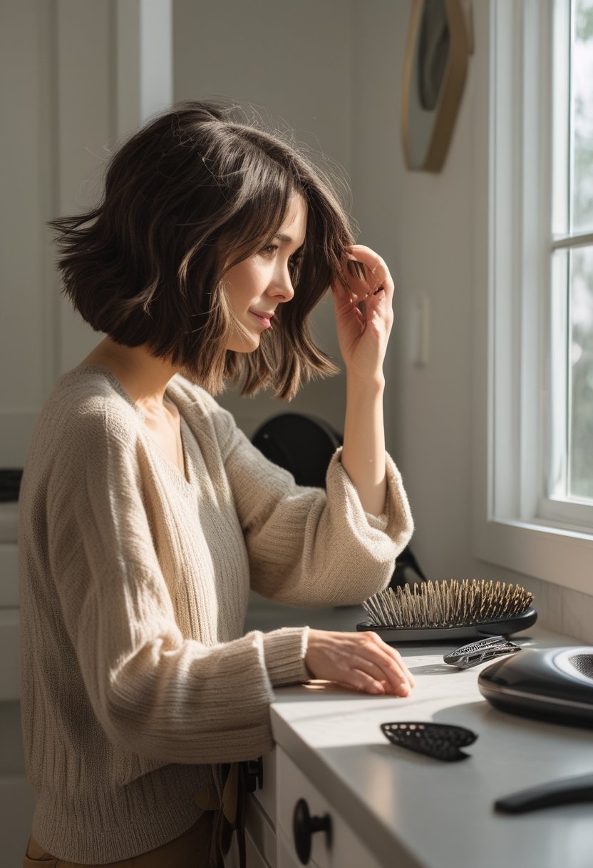 Woman with a voluminous feathered bob adjusts her layered hair beside a bright window, with styling tools nearby.