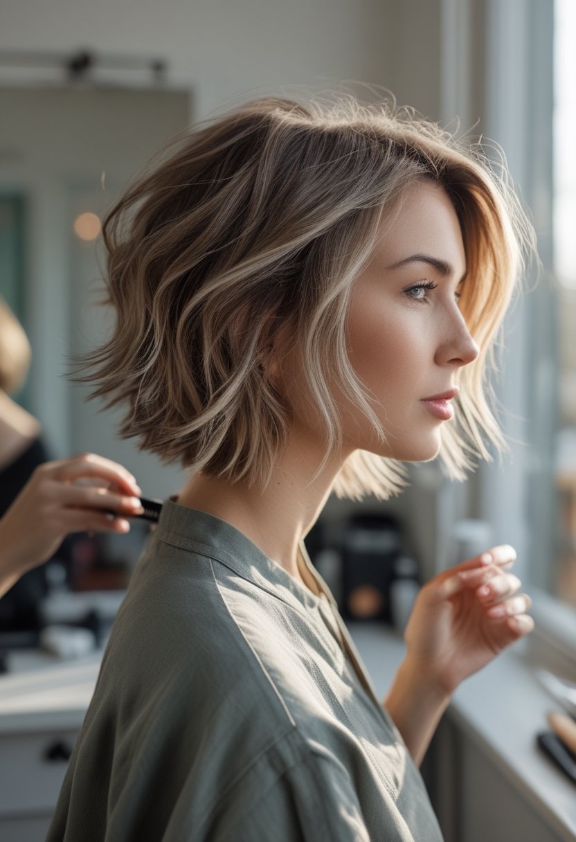 A woman with a short wavy bob haircut and wispy feathered ends stands near a window.