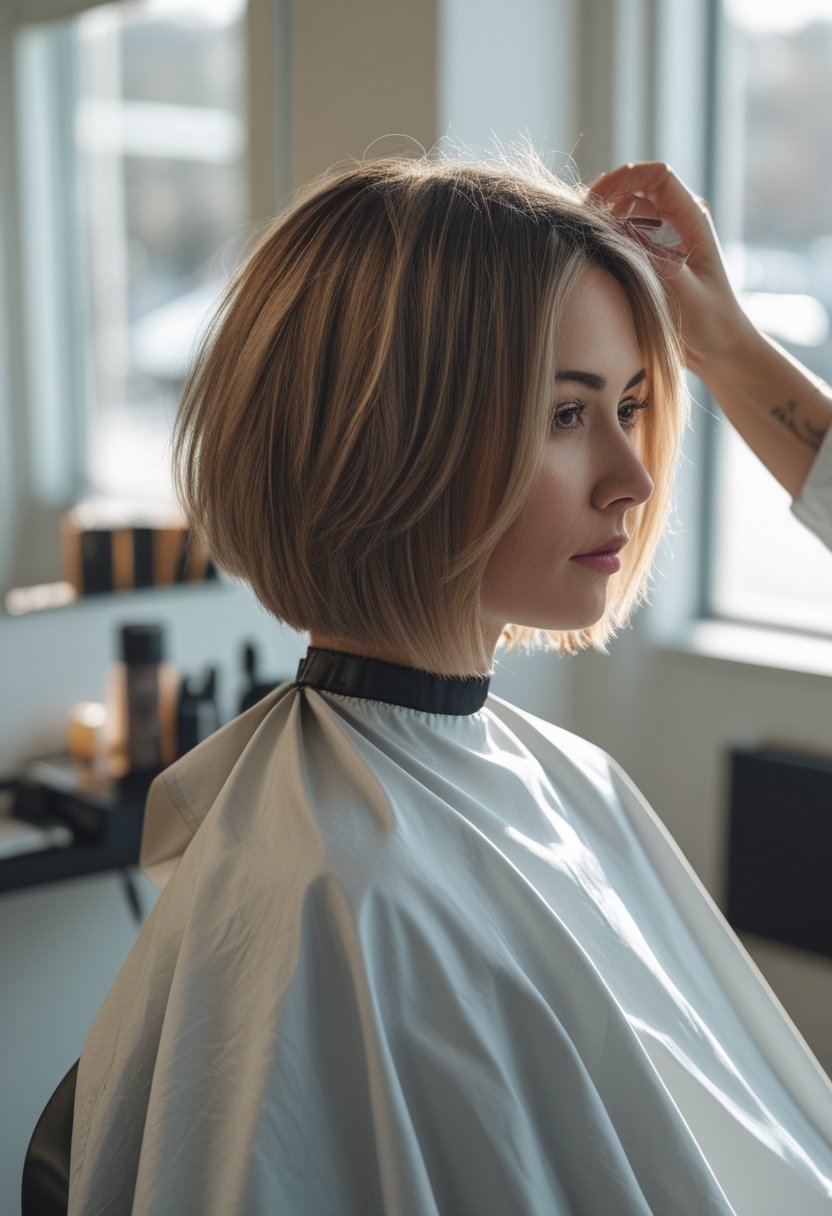 A woman with a short feathered inverted bob haircut sits near a window while a hand adjusts the layered ends.