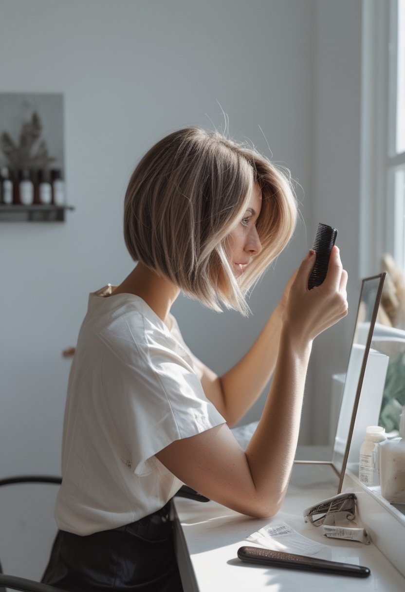 A woman with a feathered bob and face-framing layers adjusts her hair beside a naturally lit countertop.