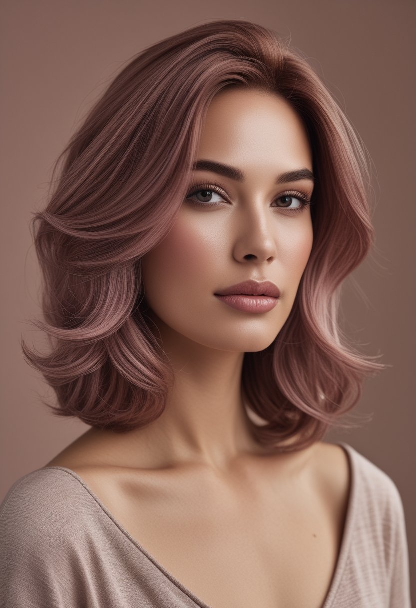 Woman with softly waved rose brown hair featuring dusty pink and warm brown tones.