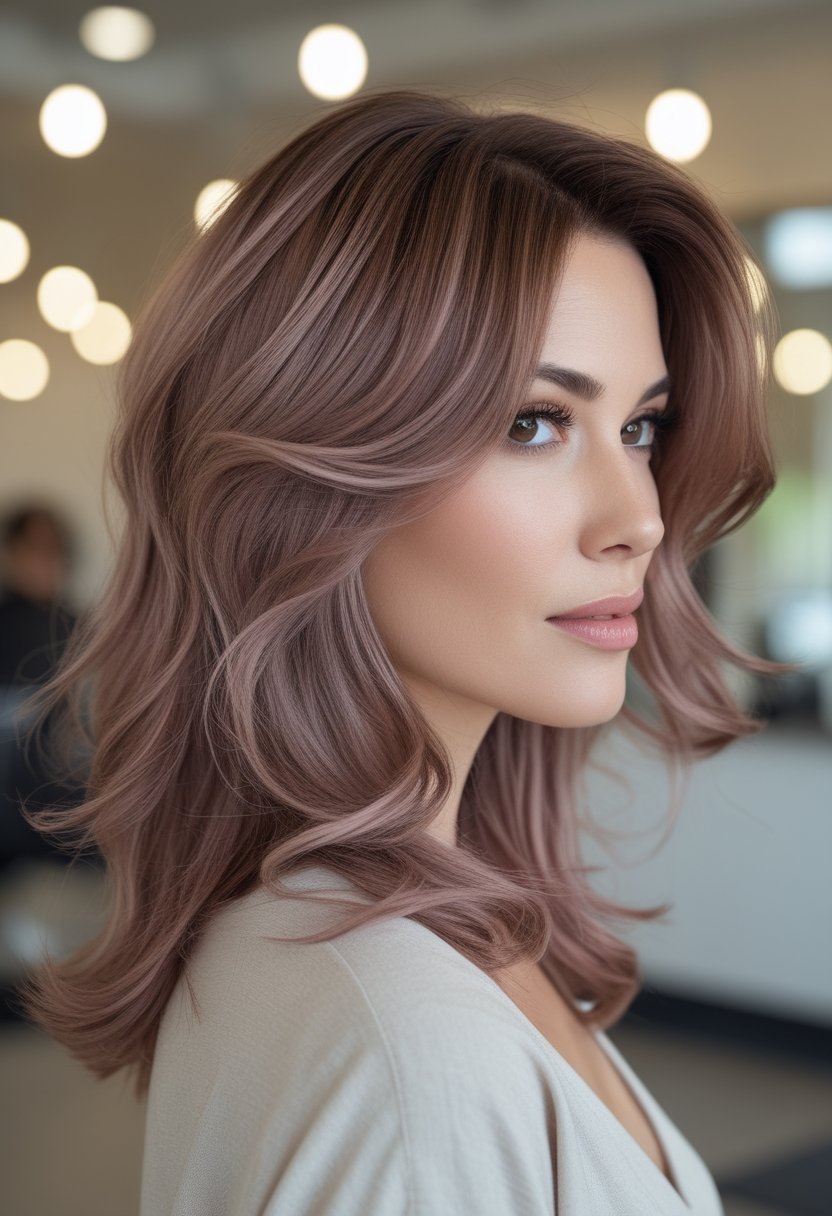 Woman with long wavy dusty rose brown balayage hair in a softly lit neutral setting.