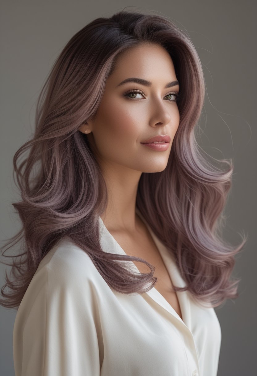 Woman with long wavy smoky mauve brunette hair.
