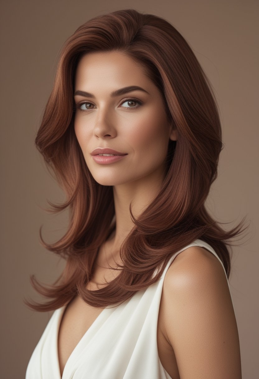 Woman with long, softly waved warm rosewood brown hair in a neutral studio setting.