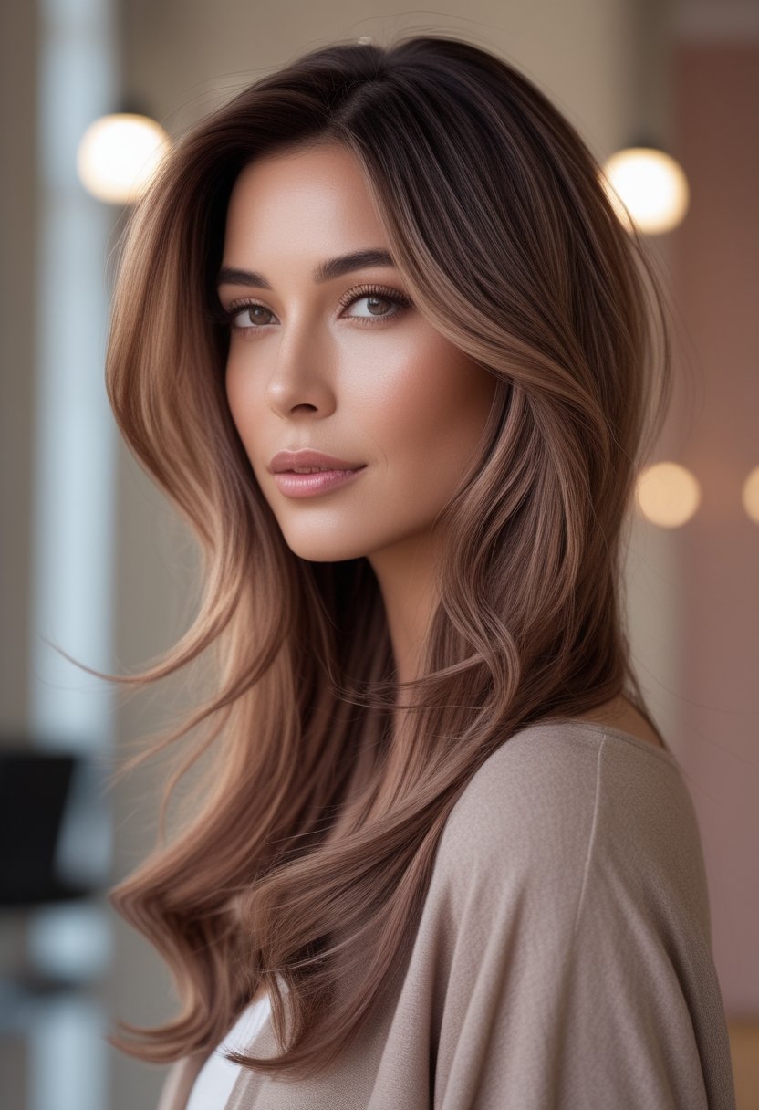 Woman with glossy chocolate rose brown hair styled in soft waves.