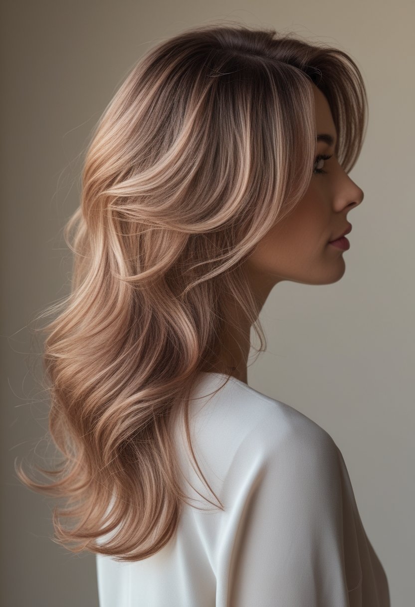 Woman with long wavy rose brown hair featuring warm copper highlights.