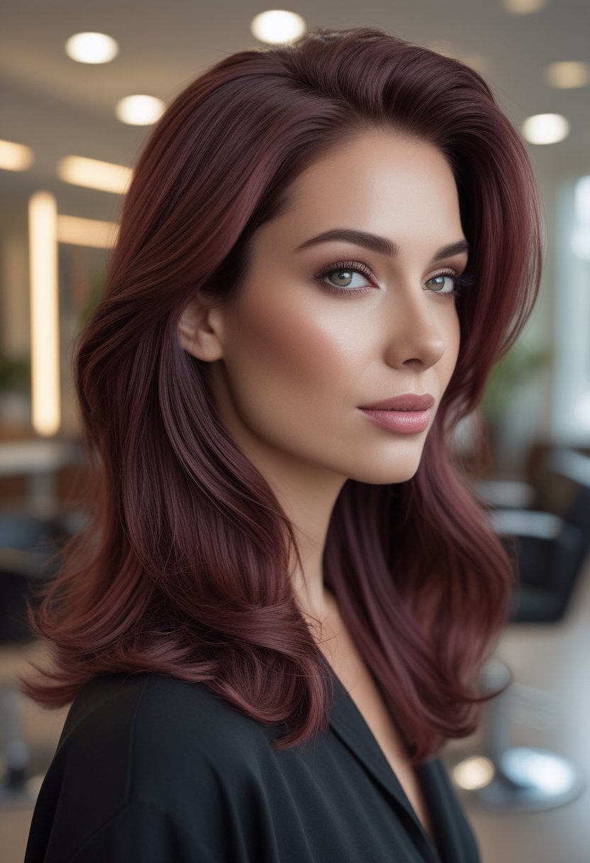 Woman with glossy deep burgundy rose brown hair styled in soft waves.