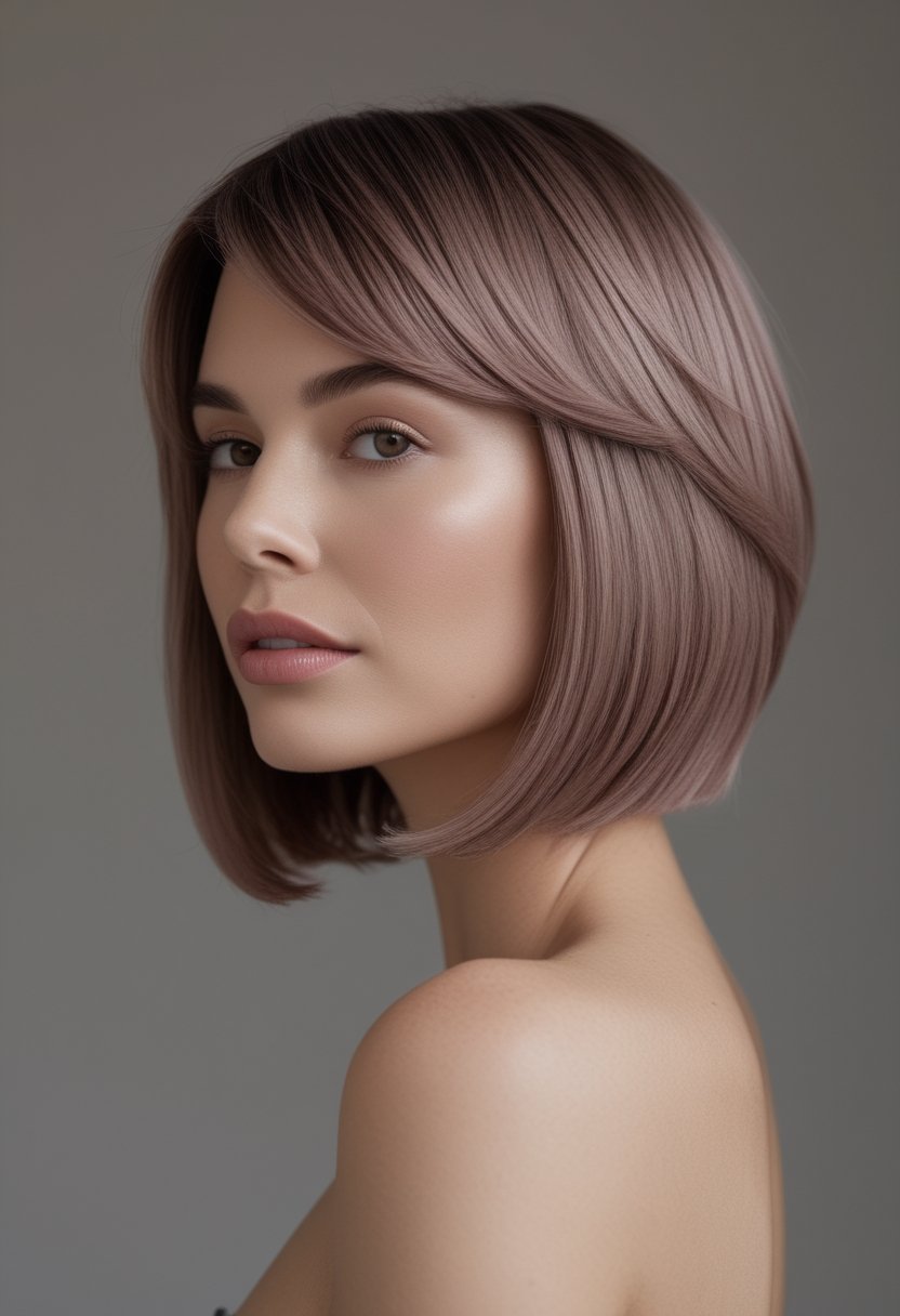 Woman with a sleek ash rose brown chin-length bob haircut.