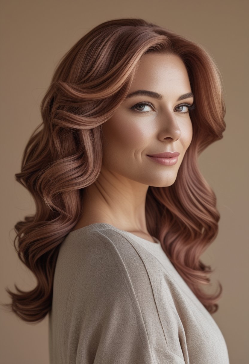 Woman with long chestnut rose brown hair styled in loose waves.