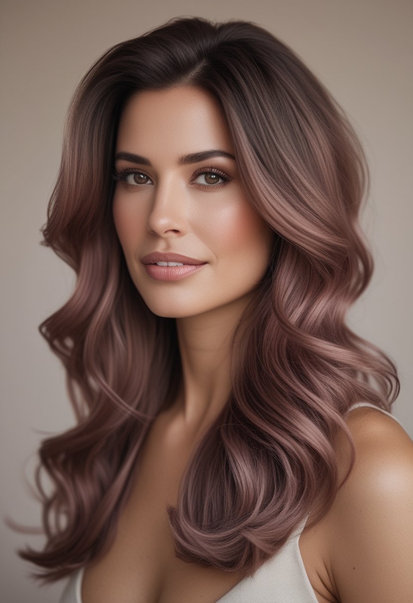 Woman with long wavy hair featuring a rose brown ombre from dark roots to dusty pink-brown ends.