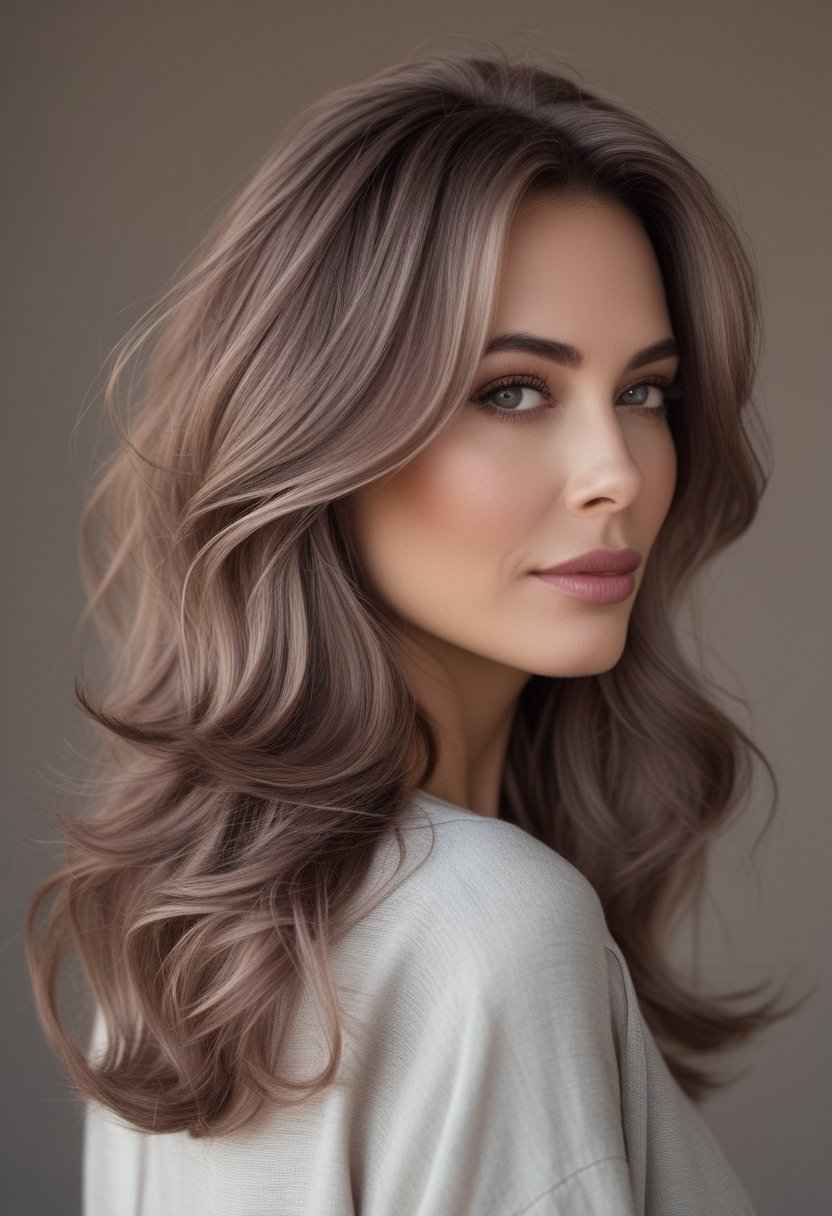 Woman with long wavy brown hair and mauve-brown face-framing highlights.