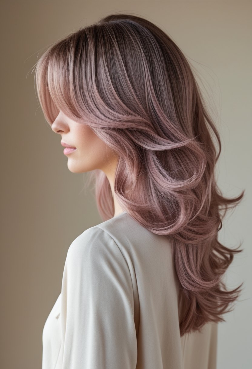 Woman with softly waved rose-brown hair featuring subtle pink and warm brown highlights.