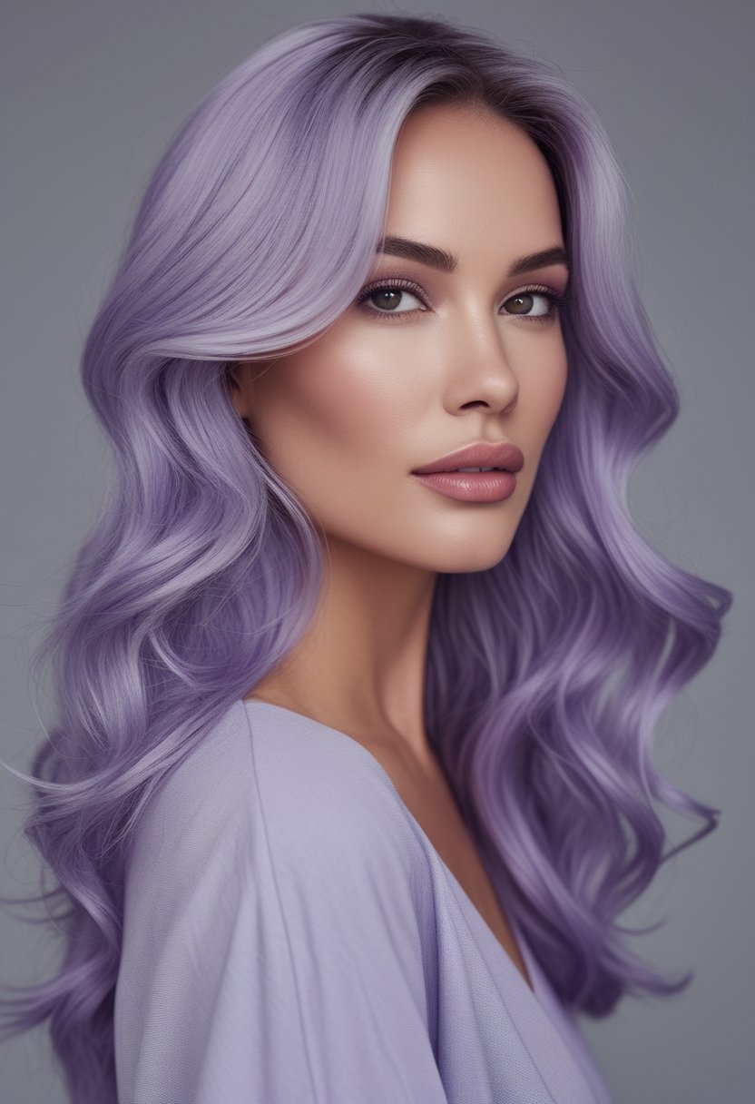 A woman with long wavy hair featuring pastel lilac, smoky lavender, and silvery highlights.