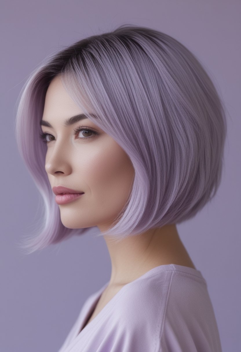 Woman with a softly layered pastel lilac bob haircut.