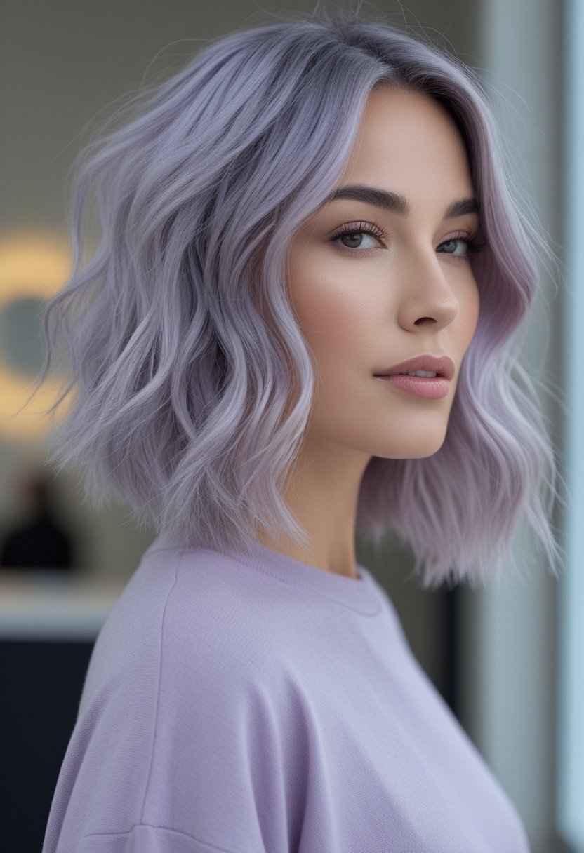 Woman with shoulder-length smoky lilac wavy hair in a minimalist studio.