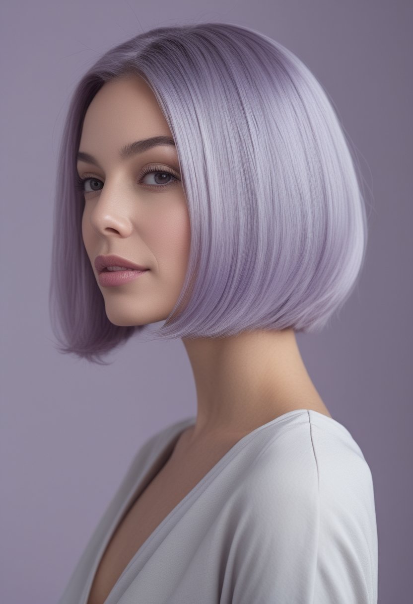 Woman with a sleek silver lilac blunt lob haircut posing against a pale background.