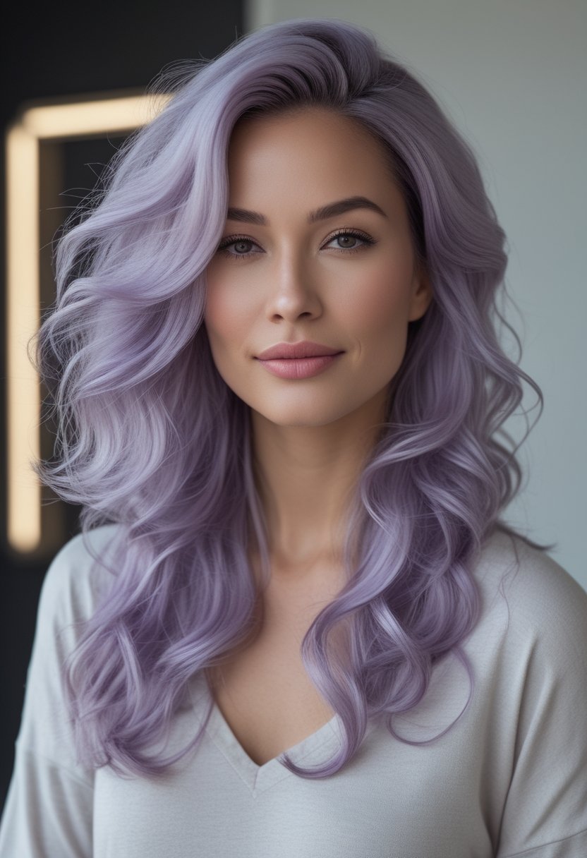 Woman with wavy hair transitioning from lavender roots to lilac and silvery ends.