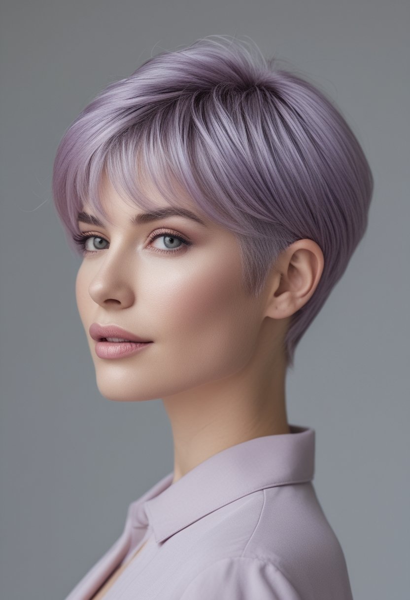 A woman with a short pearly lilac pixie haircut poses against a light background.