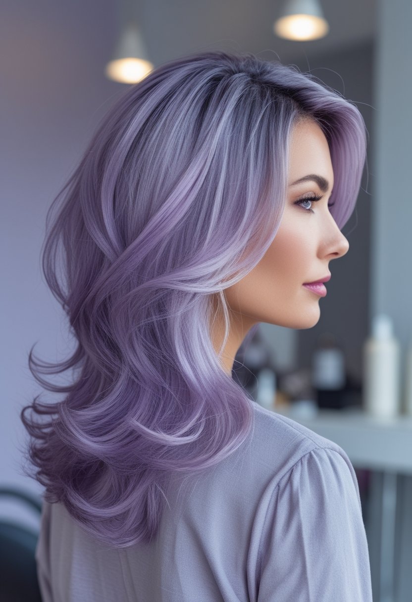 Woman with deep violet roots blending into wavy lilac and silver-toned lengths.