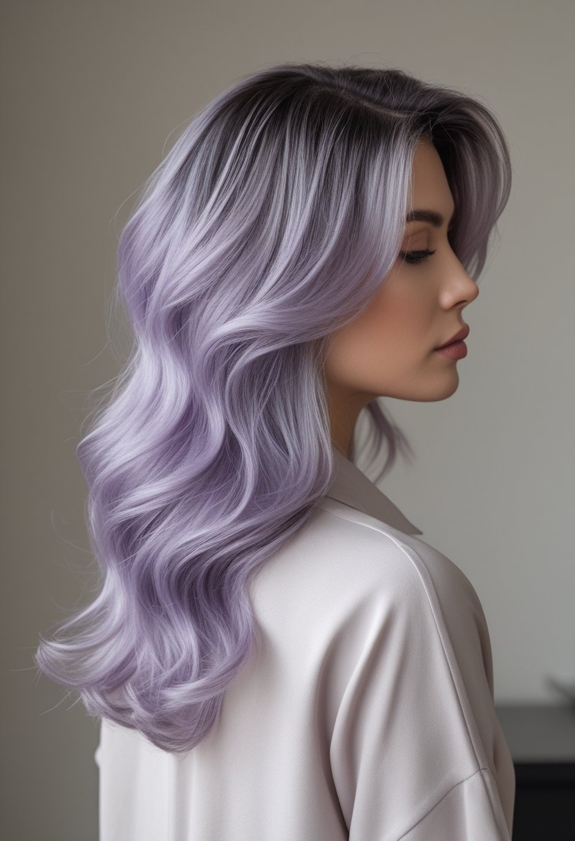 Woman with wavy lilac balayage hair fading from dark roots to pastel and silver ends.