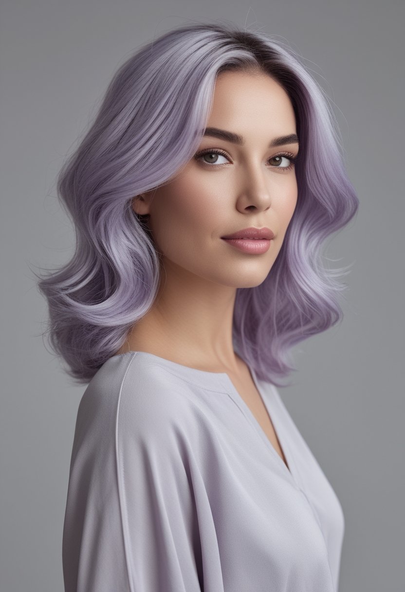 Woman with shoulder-length wavy hair featuring pastel lilac highlights around her face.
