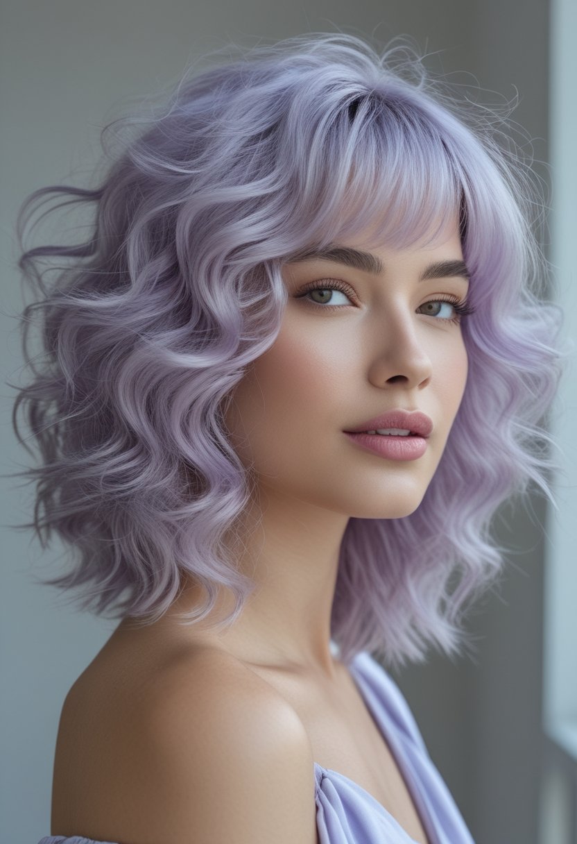 Woman with voluminous silver-lilac curly shag hair in a minimalist studio.