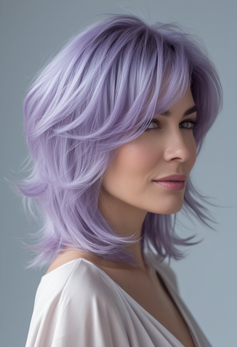 Woman with layered electric lilac hair featuring pastel purple and silver tones.