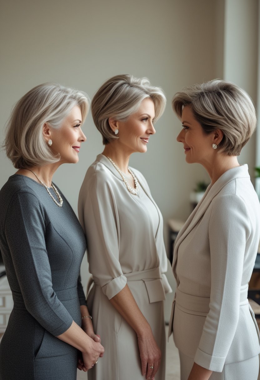 Three mature women with polished contemporary hairstyles standing together in a bright, elegant salon.