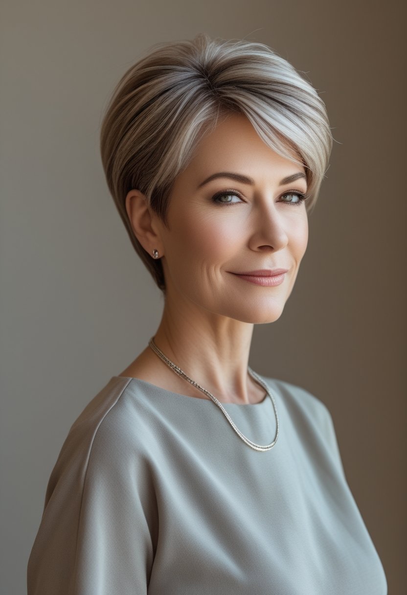 A mature woman with a short side-swept haircut poses against a neutral background.