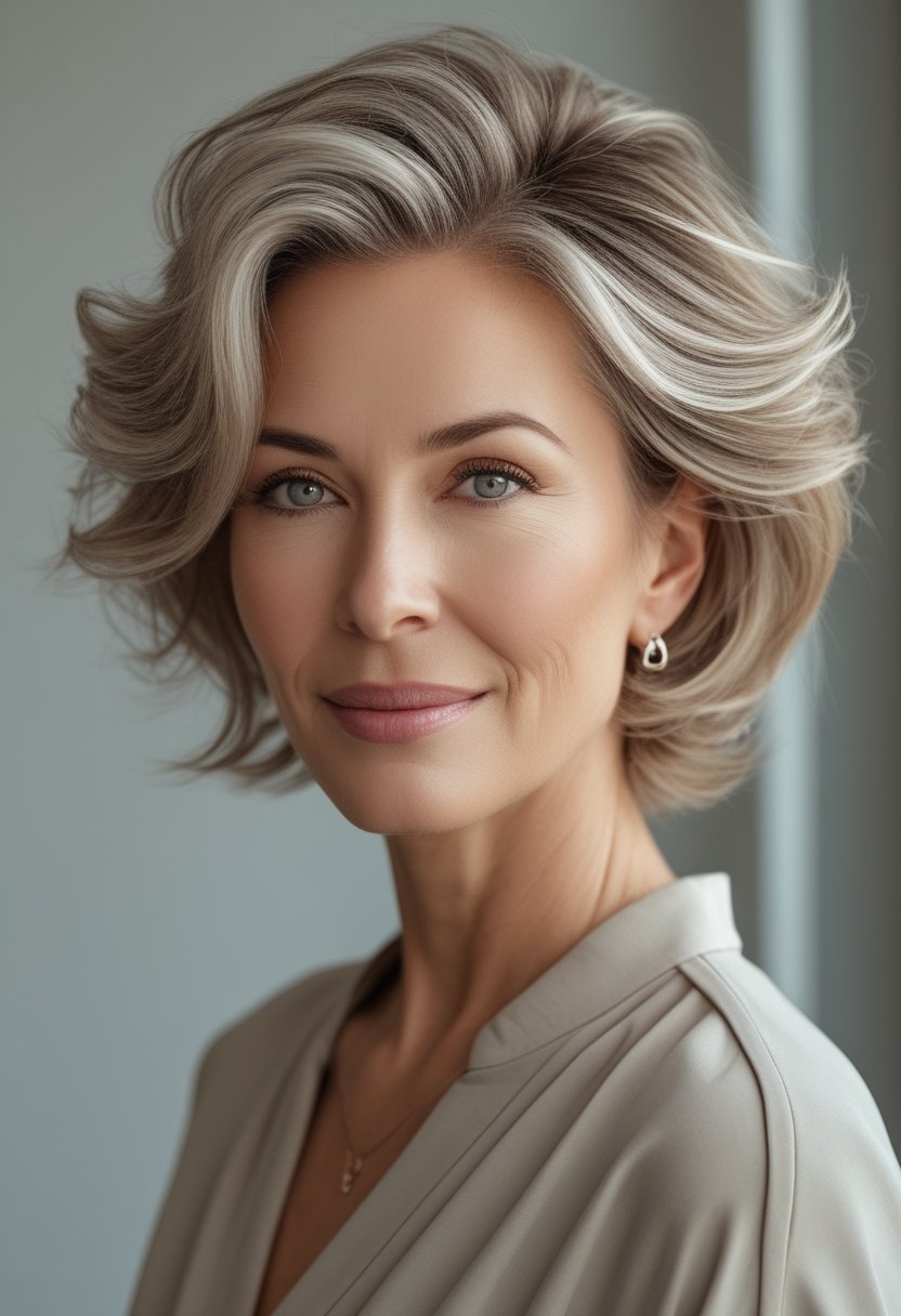 A mature woman with a layered, face-framing haircut poses in a softly lit salon.