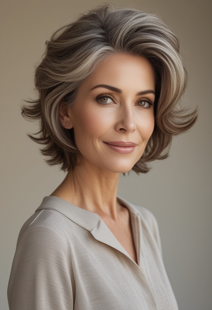 A mature woman with a layered textured haircut poses against a neutral background.