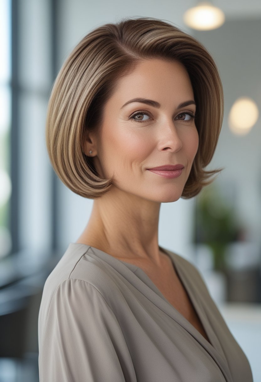 A woman in her 50s with a chin-length bob haircut stands in a bright neutral setting.