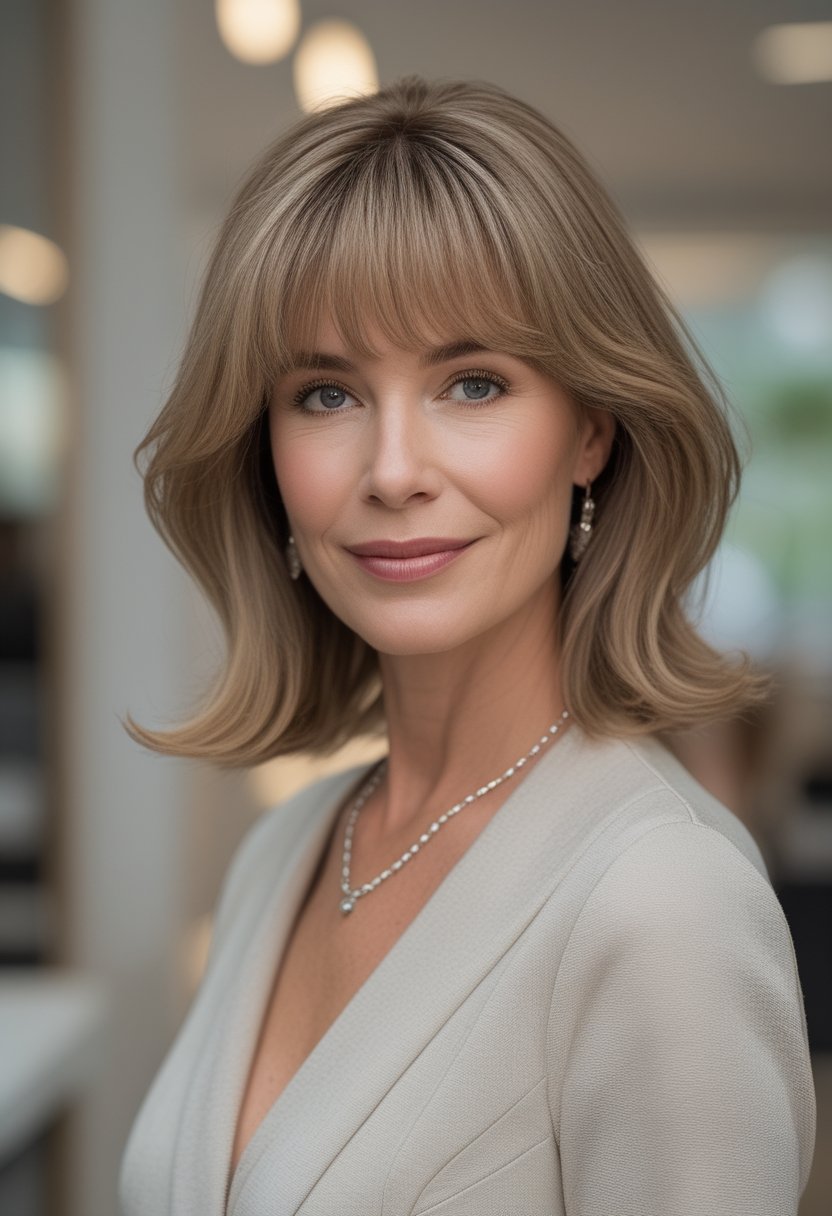 A woman with shoulder-length hair and long curtain bangs poses indoors.