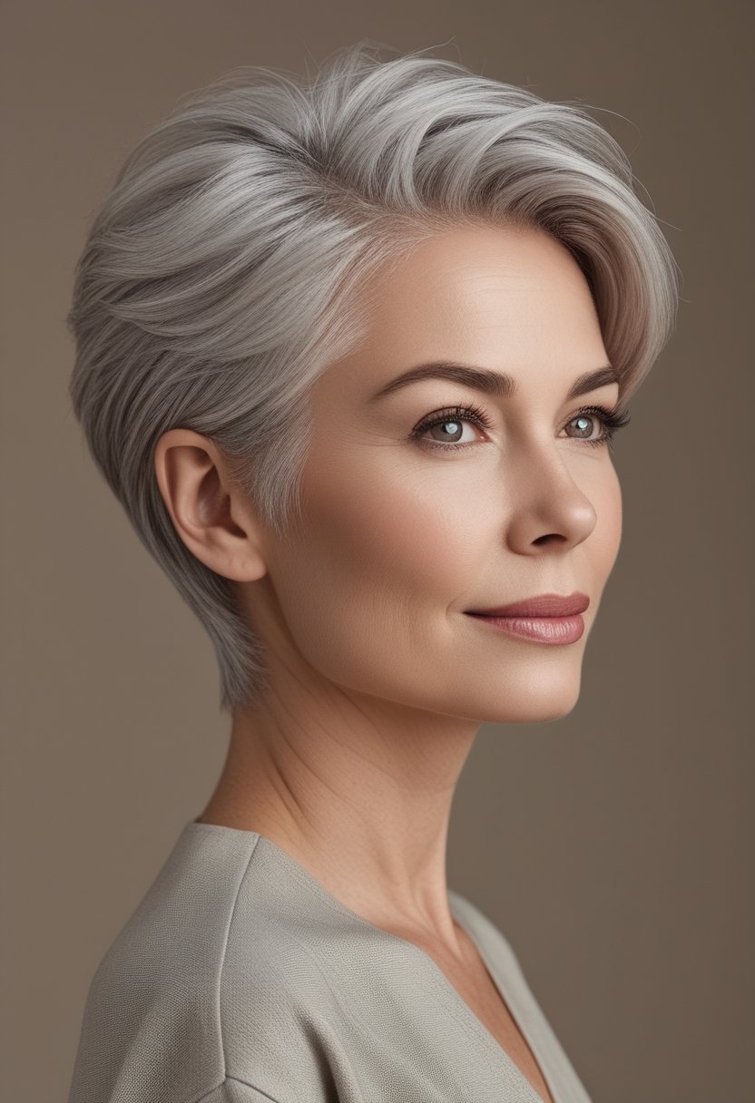 A mature woman with a short, feathered silver pixie haircut poses against a neutral background.