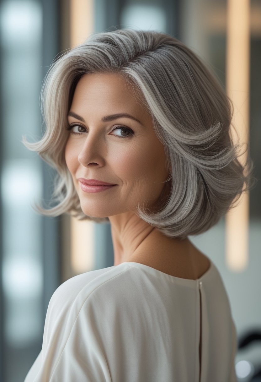 A mature woman with a softly wavy chin-length bob smiles in a bright salon.