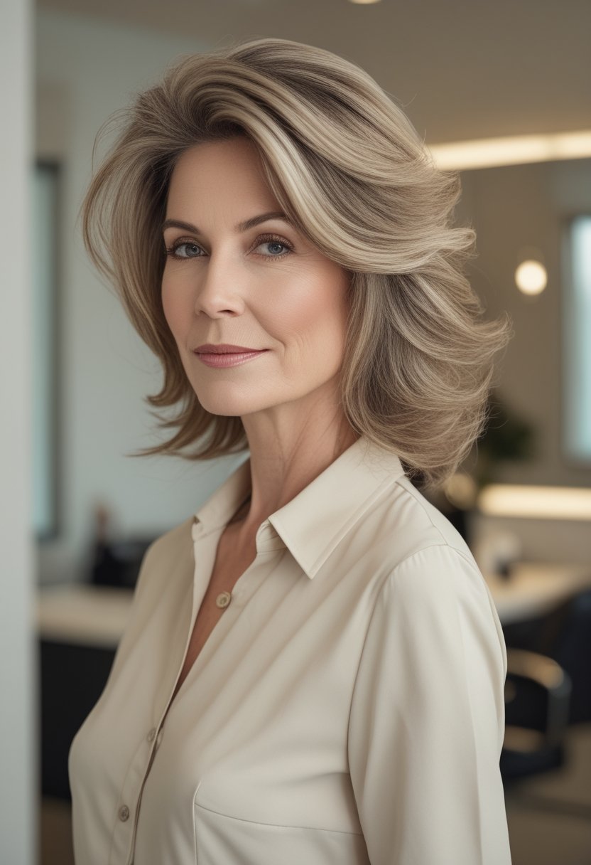 A mature woman with a collarbone-length layered haircut poses in a softly lit neutral setting.