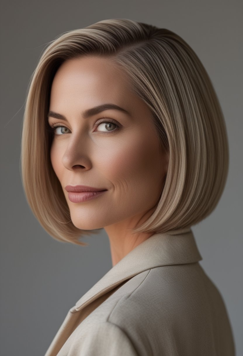 A mature woman with a sleek side-parted bob haircut poses against a neutral background.